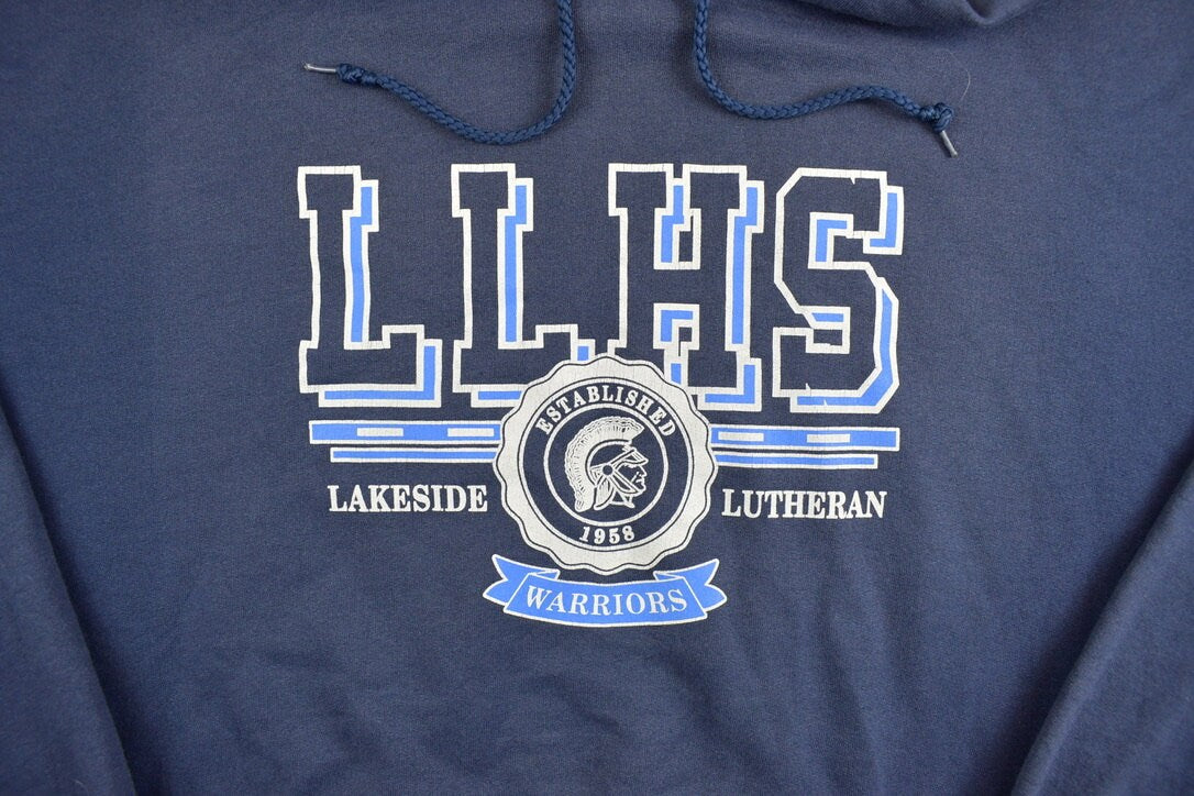 Vintage 1990s Lakeside Lutheran Collegiate Crewneck Hoodie / Graphic Print / Navy Sweatshirt / Sportswear / Americana / Champion