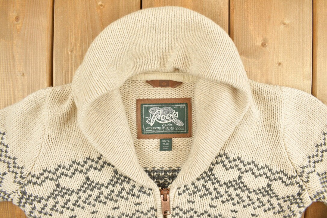 Vintage 1990s Roots Knit Zip Up Hoodie / Zip Up Sweater / Patterned Knit / Formal / Vintage Roots / Winter Wear / Beige Knit