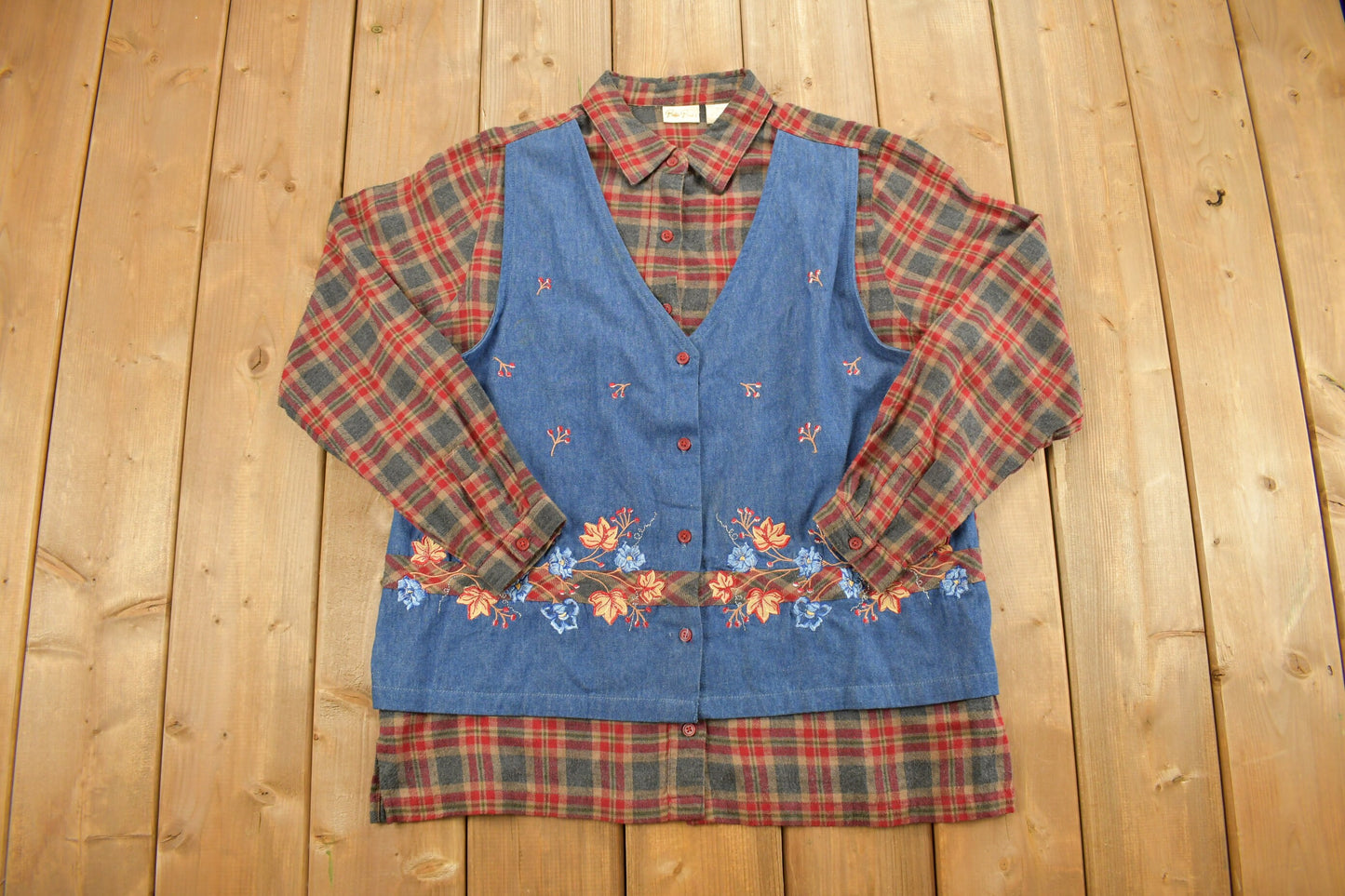 Vintage 1990s Bobbie Brooks Plaid Button Up Shirt / Attached Denim Vest / 1990s Button Up / Vintage Flannel / Basic Button Up / Check Shirt