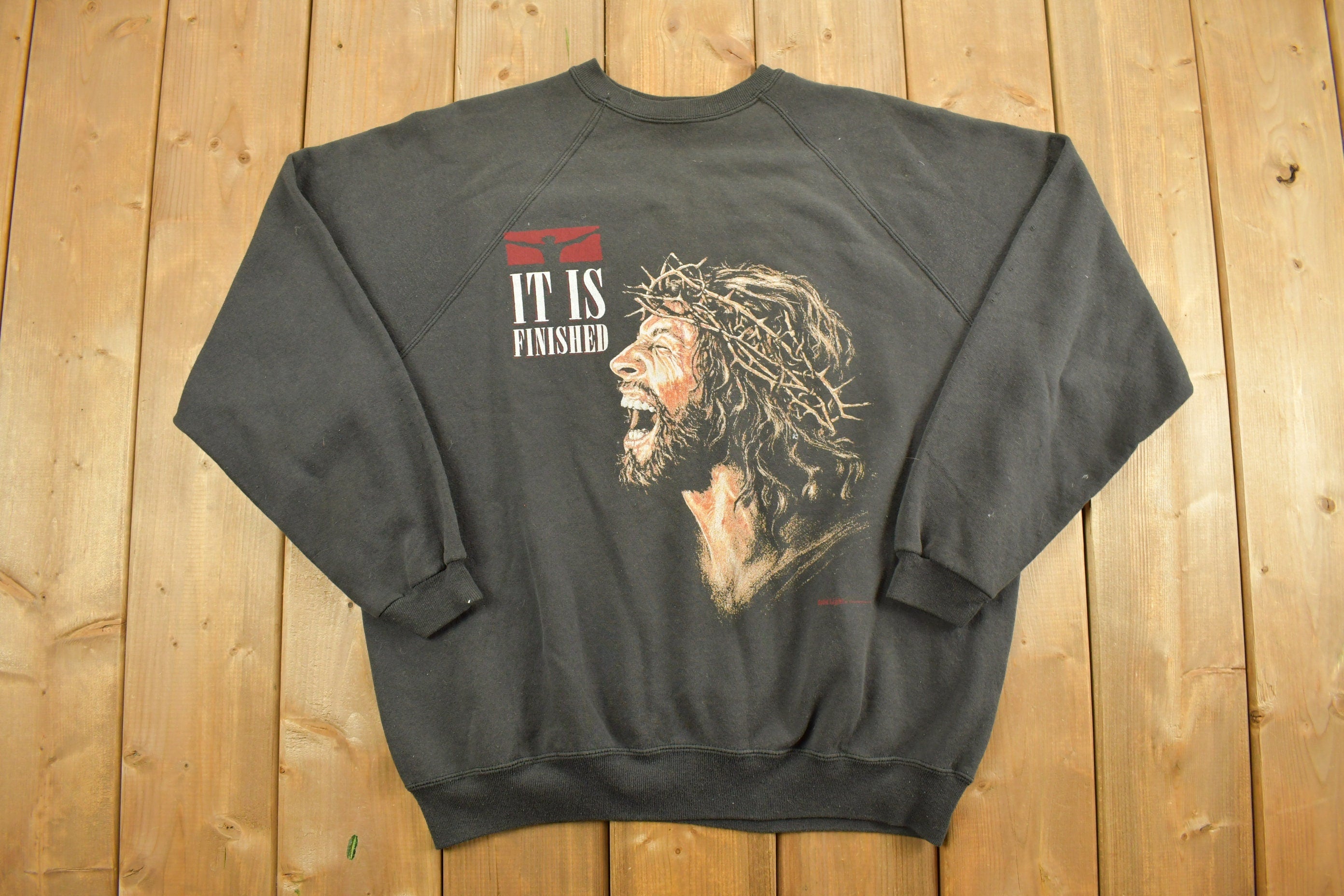 Vintage 1990s "It Is Finished" Jesus Graphic Raglan Crewneck