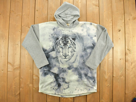 Vintage 1990s White Tiger Fleece Hoodie / Tiger Graphic / All Over Print / Wildlife Athletic Pull Over / Streetwear / Made In USA