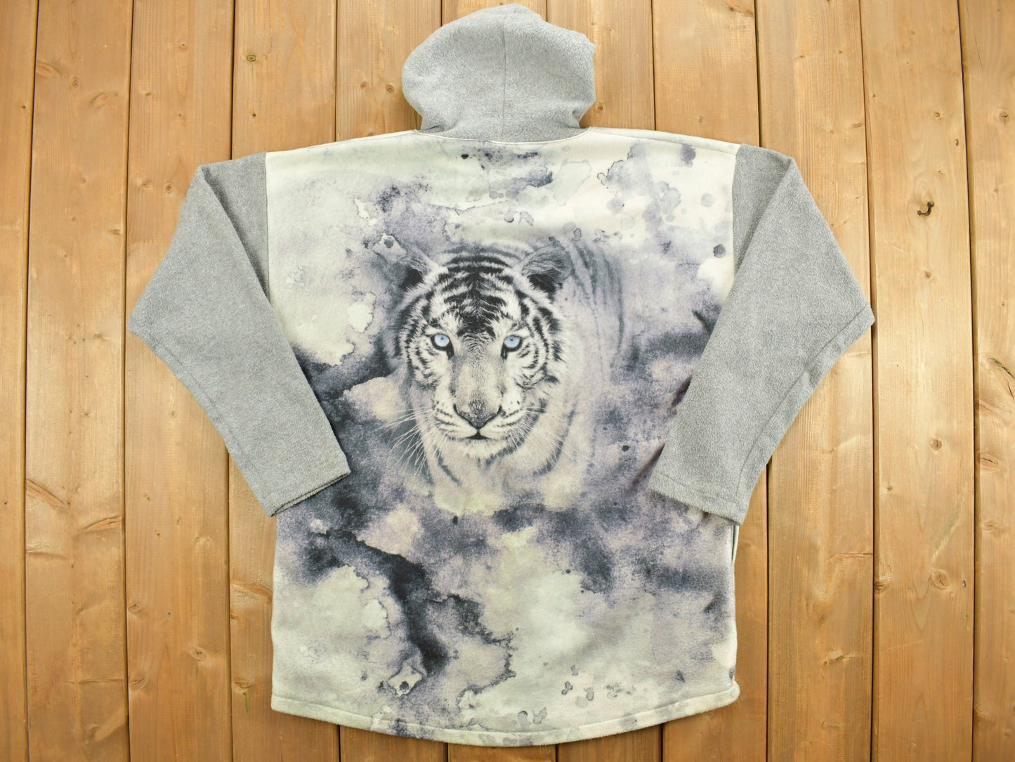 Vintage 1990s White Tiger Fleece Hoodie / Tiger Graphic / All Over Print / Wildlife Athletic Pull Over / Streetwear / Made In USA