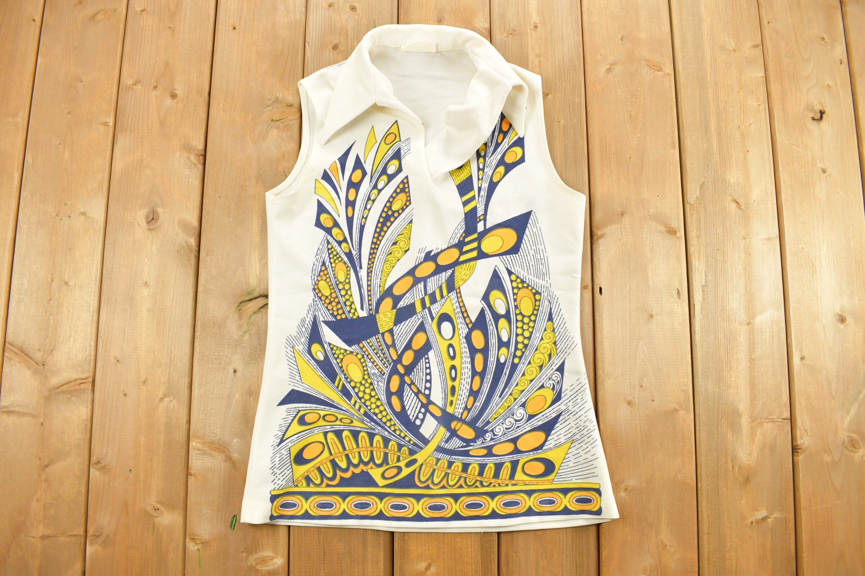 Vintage 1970s Abstract Print Sleeveless Tunic Blouse