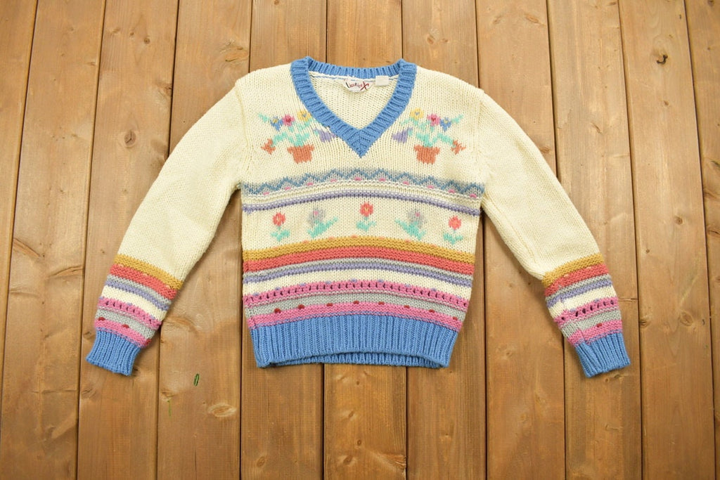 Vintage 1970s Floral Striped Knit V-Neck Cropped Sweater