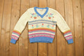 Vintage 1970s Floral Striped Knit V-Neck Cropped Sweater
