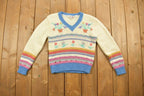 Vintage 1970s Floral Striped Knit V-Neck Cropped Sweater