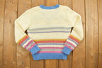 Vintage 1970s Floral Striped Knit V-Neck Cropped Sweater
