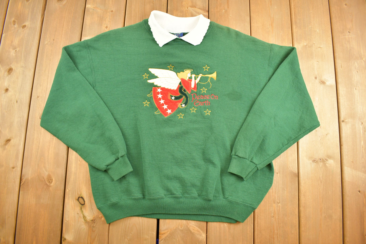 Vintage 1990s Peace On Earth Embroidered Collared Sweatshirt