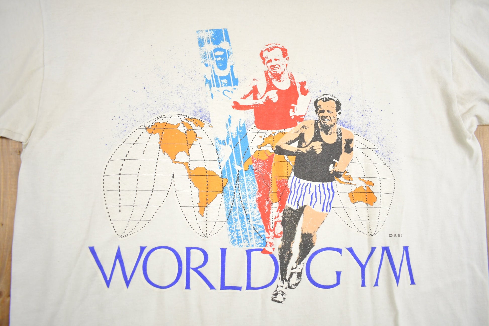 Vintage 1980s World Gym Running Man Ringer T Shirt