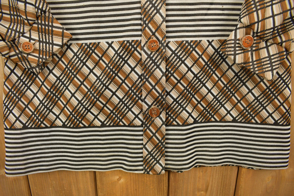 Vintage 1960s Plaid Striped Button Up Polyester Shirt