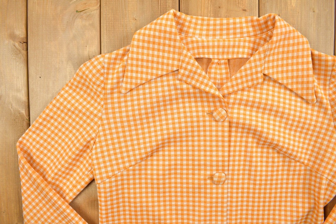 Vintage 1960s Orange Gingham Full Button-Up