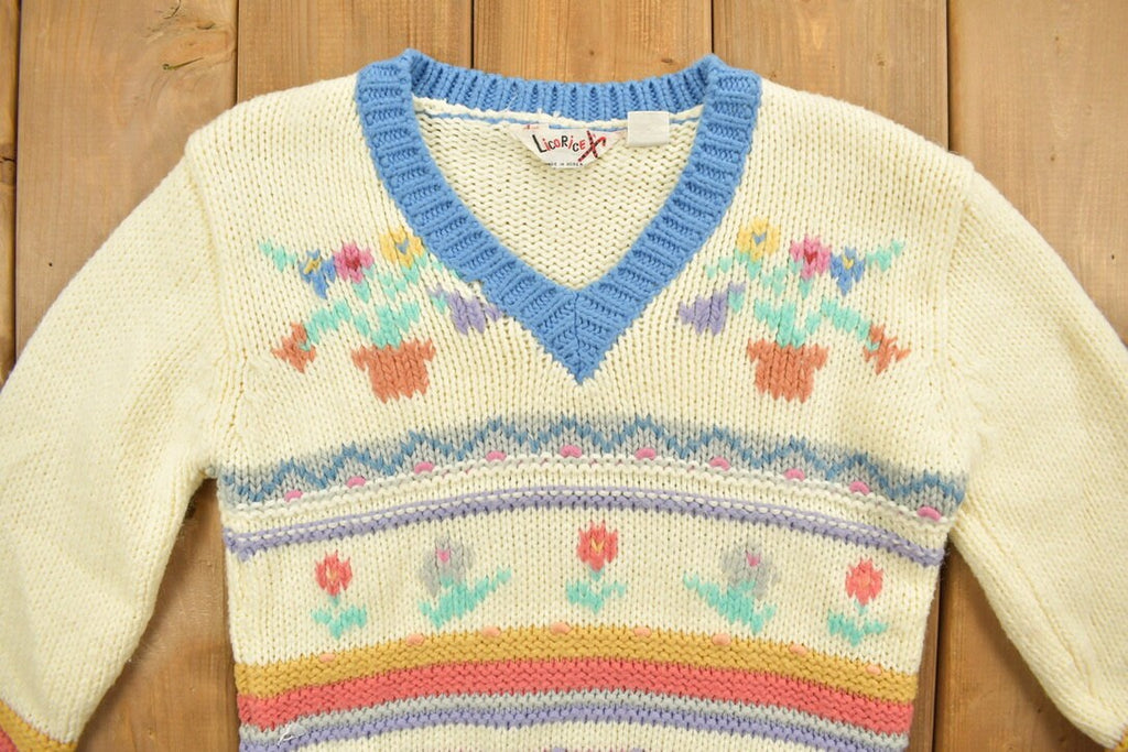 Vintage 1970s Floral Striped Knit V-Neck Cropped Sweater