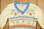 Vintage 1970s Floral Striped Knit V-Neck Cropped Sweater