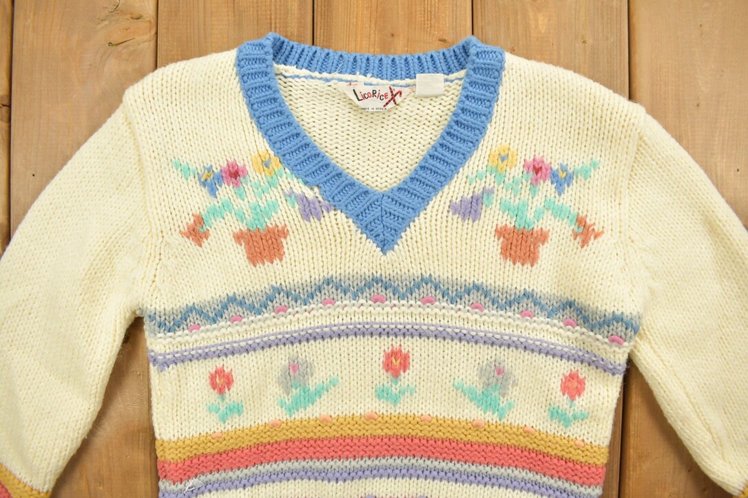 Vintage 1970s Floral Striped Knit V-Neck Cropped Sweater