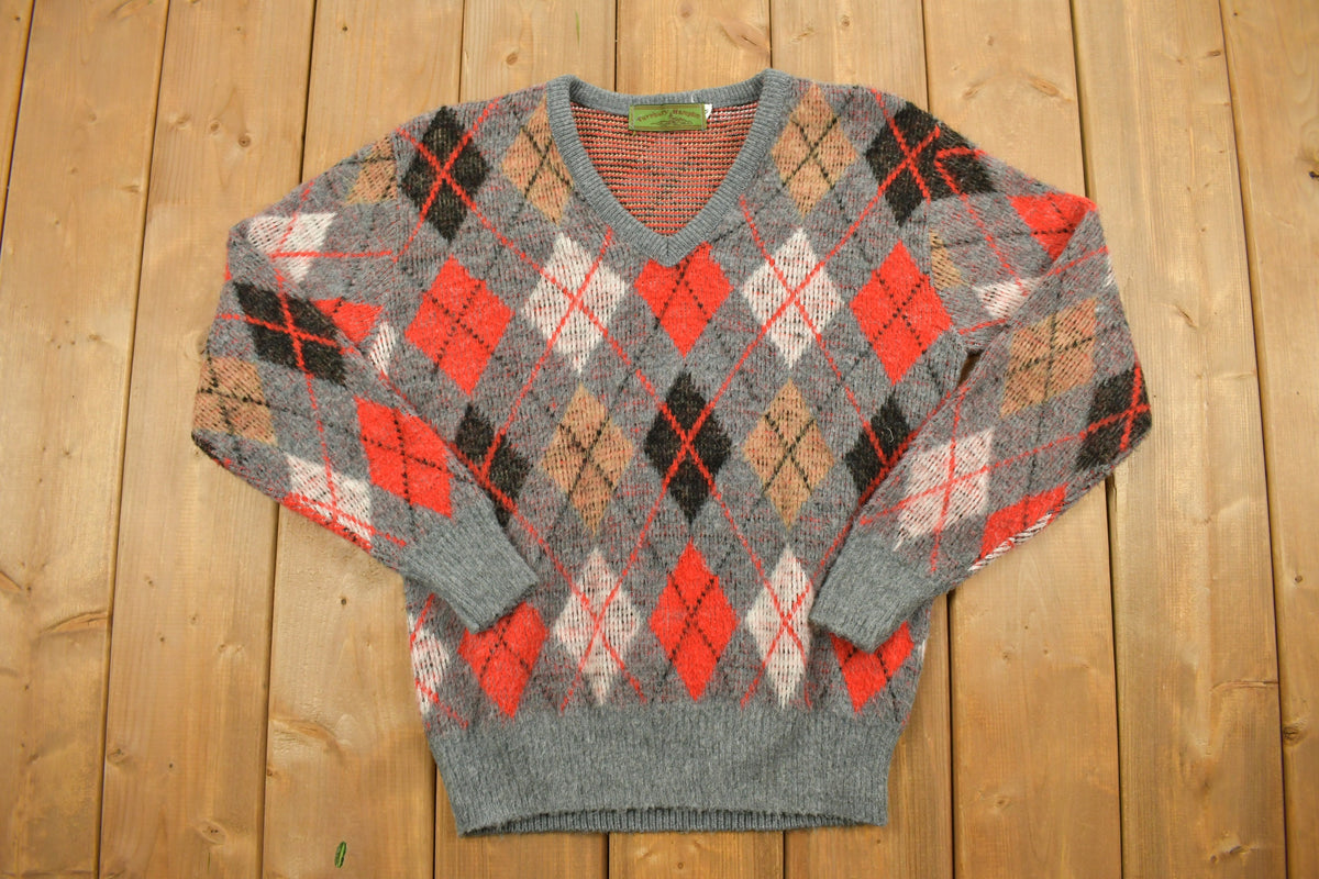 Vintage 1960s Argyle Knit V-Neck Sweater