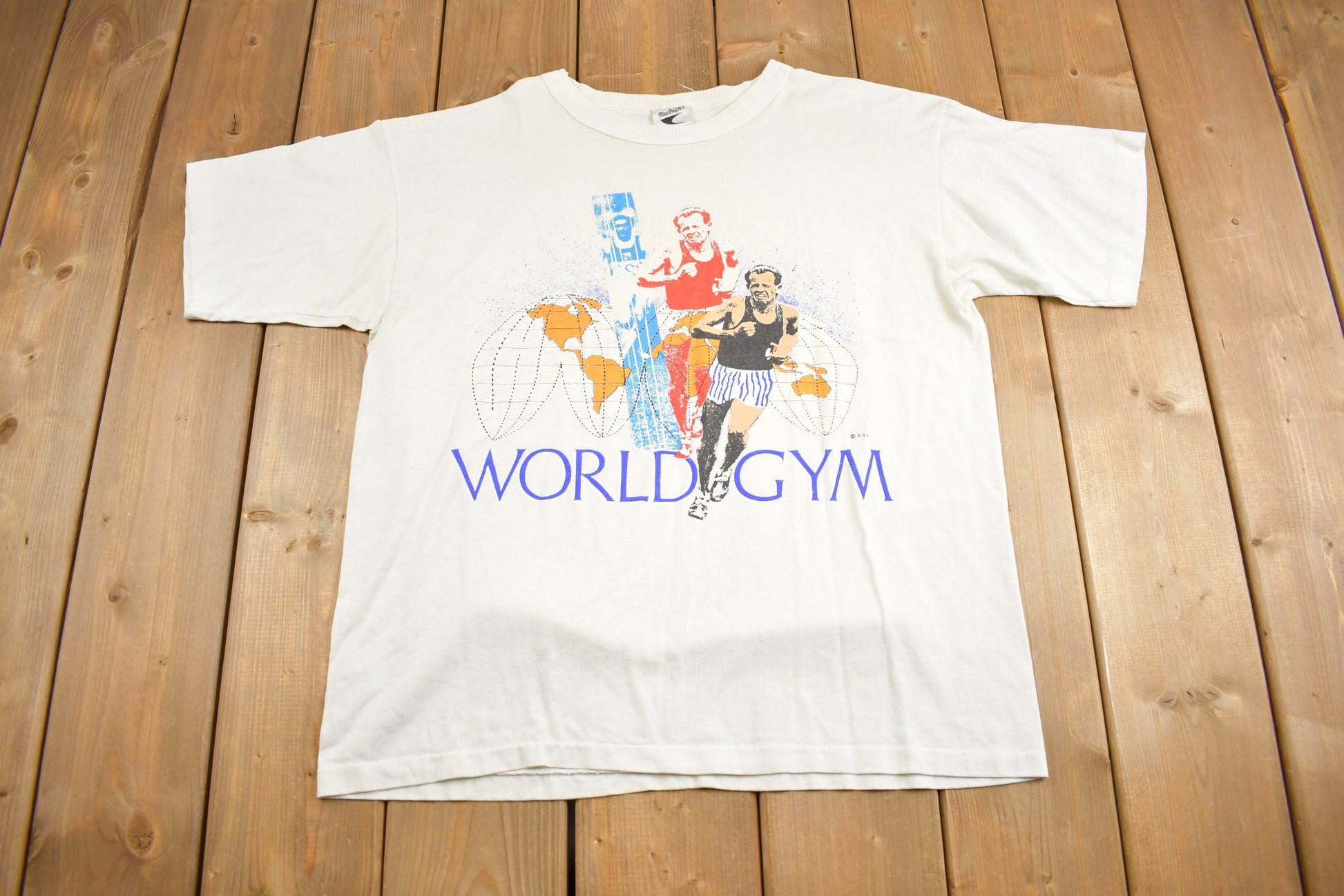 Vintage 1980s World Gym Running Man Ringer T Shirt