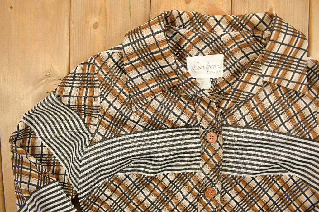 Vintage 1960s Plaid Striped Button Up Polyester Shirt