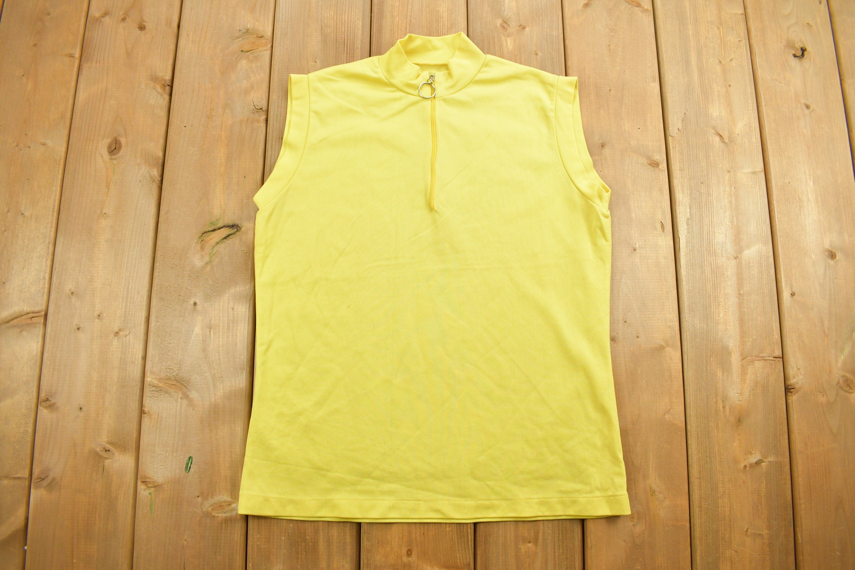 Vintage 1980s Women's Yellow Blank Sleeveless Zip Up Shirt