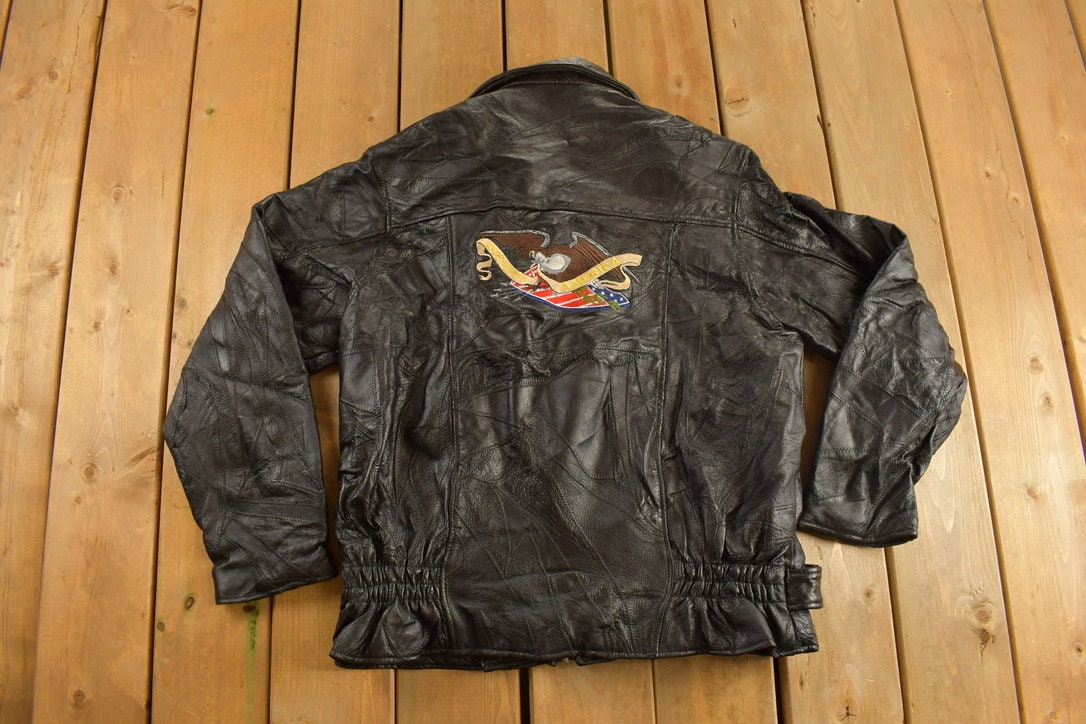 Vintage 1990s Leather American Eagle Embroidered Jacket / Fall Outerwear / Leather Coat / Winter / Streetwear / Motorcycle Jacket