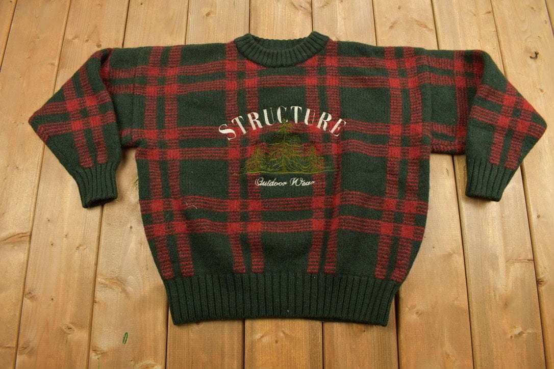 Vintage 1990s Structure Plaid Wool Knitted Crewneck Sweater / Vintage 90s Crewneck / All Over Pattern / Sweatshirt / Abstract Pattern