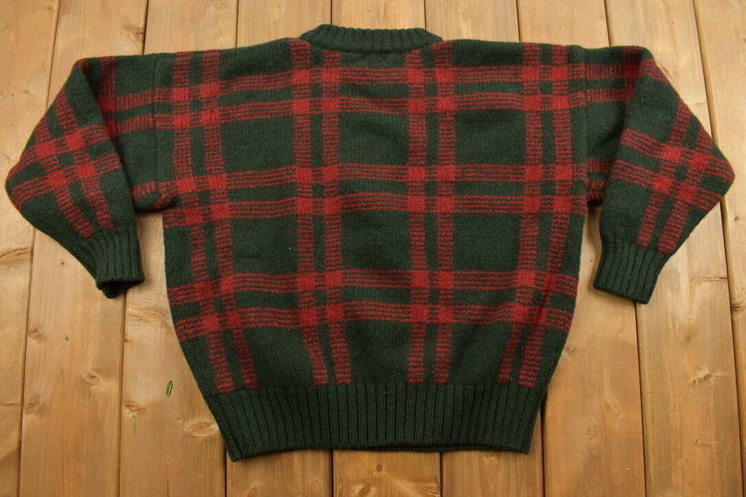 Vintage 1990s Structure Plaid Wool Knitted Crewneck Sweater / Vintage 90s Crewneck / All Over Pattern / Sweatshirt / Abstract Pattern