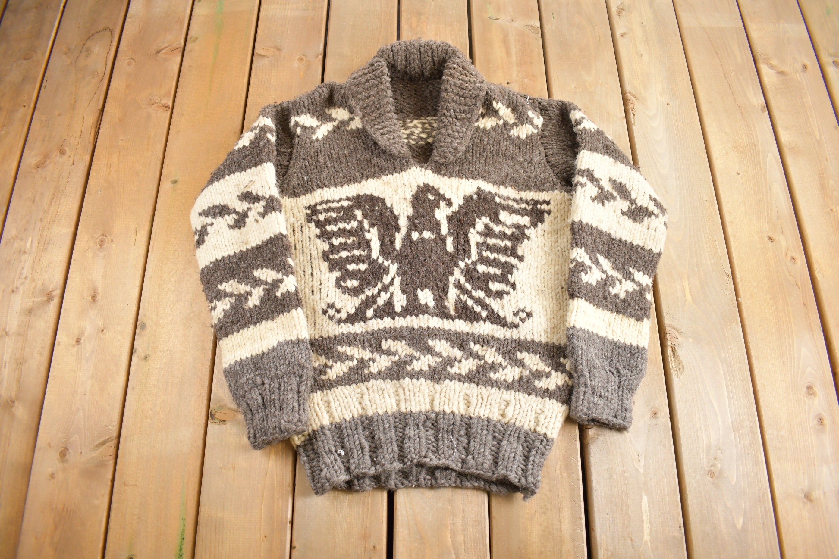 Vintage 1950s Hand-Knit Eagle Theme heavy Weight Sweater