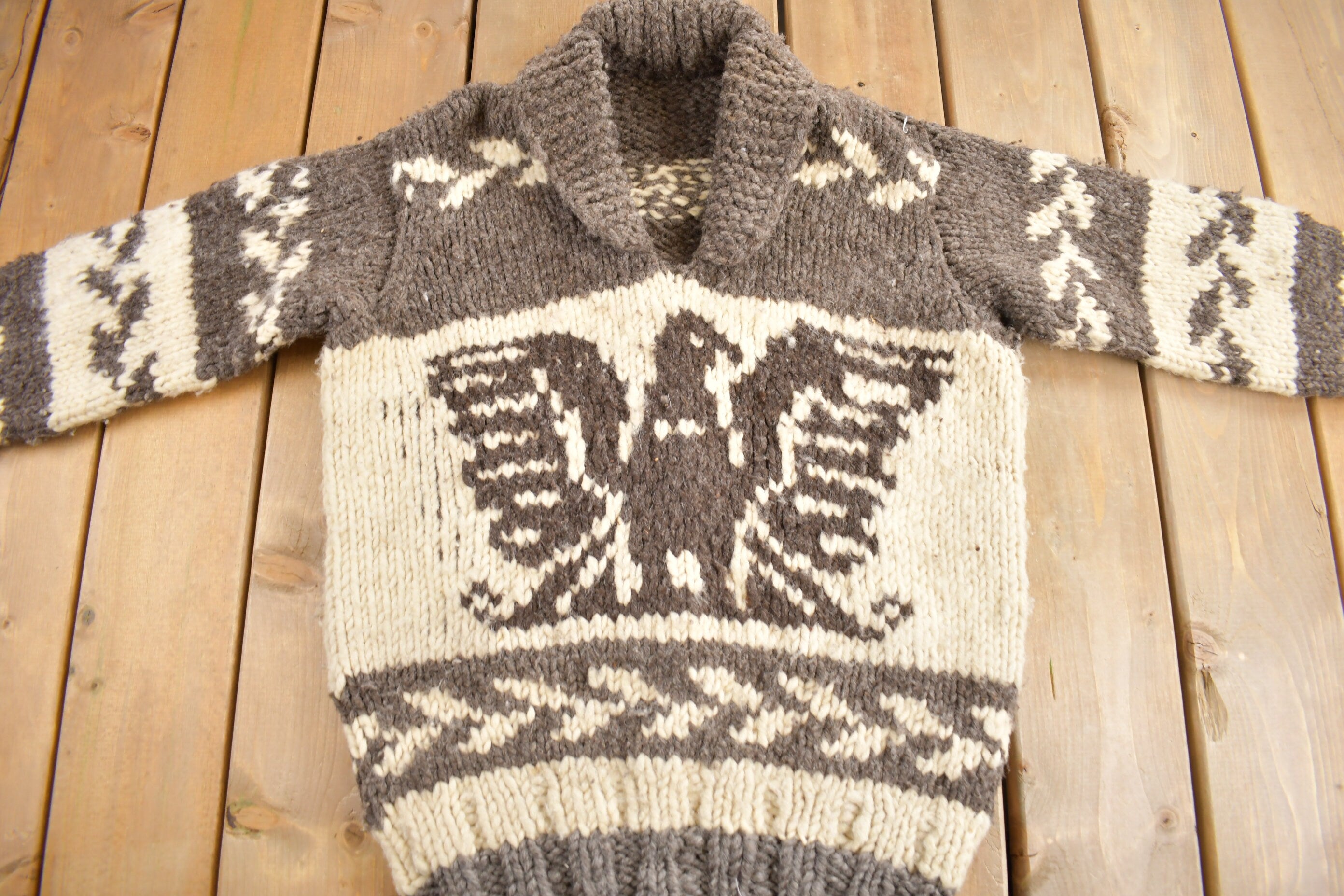 Vintage 1950s Hand-Knit Eagle Theme heavy Weight Sweater