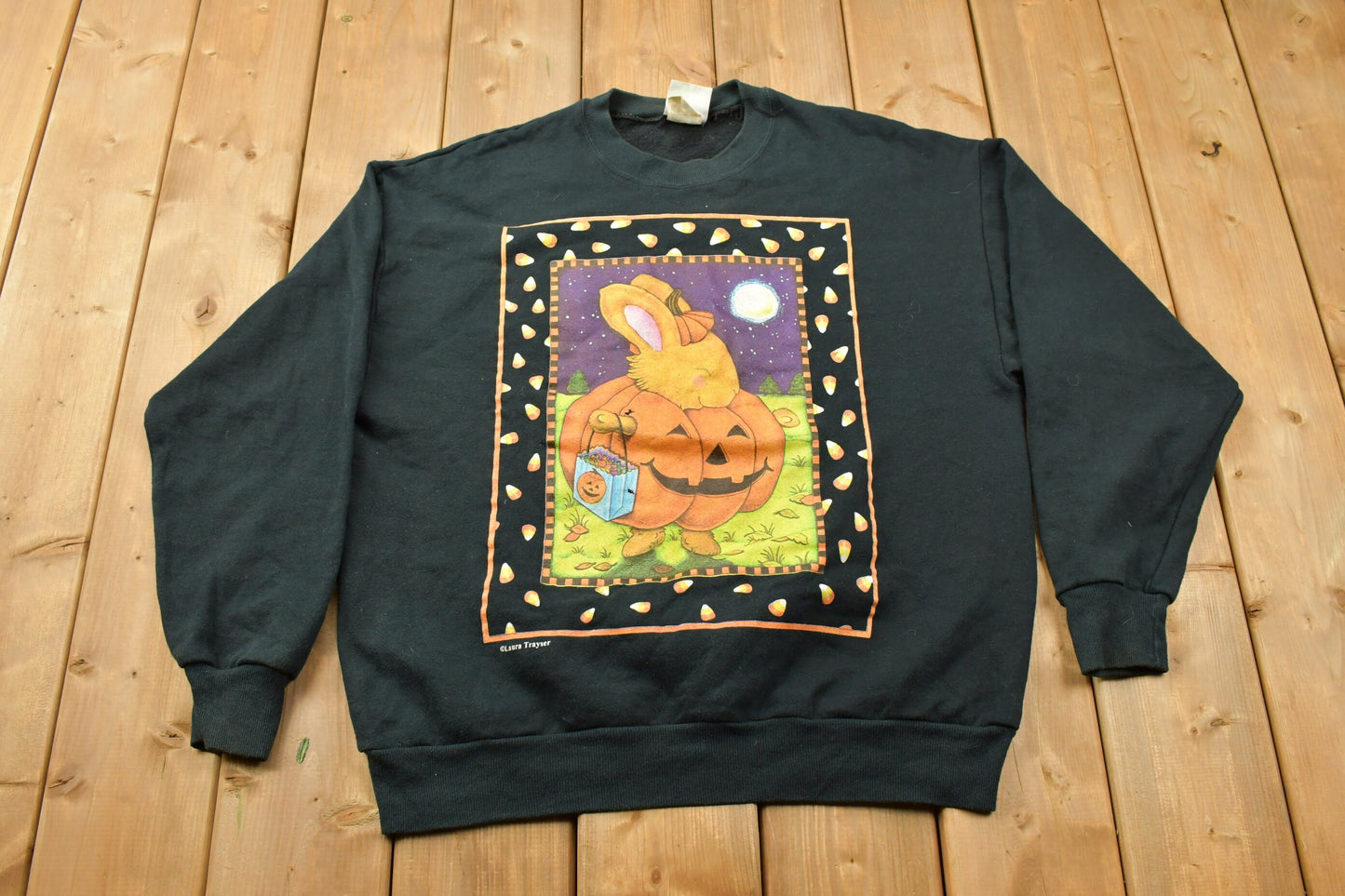 Vintage 1990s Laura Trayser Halloween Theme Pumpkin Crewneck Sweater / 90s Crewneck / Grandma Sweater / Bunny Sweater / Spooky Theme