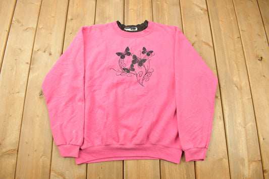 Vintage 1990s Pink Butterfly Crewneck Sweatshirt / 90s Crewneck / Made In USA / Streetwear / Embroidered