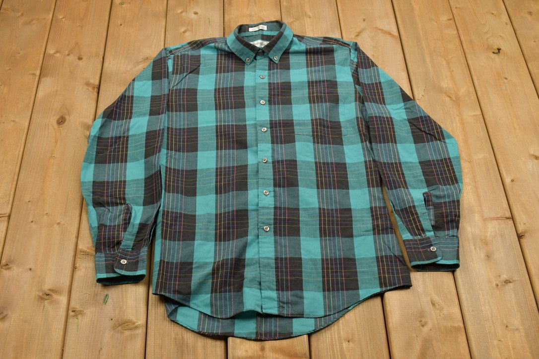 Vintage 1990s Plaid Check Button Up Shirt / 1990s Button Up / Vintage Check Button Up / Plaid Shirt / Button Down / Introspect Button Up