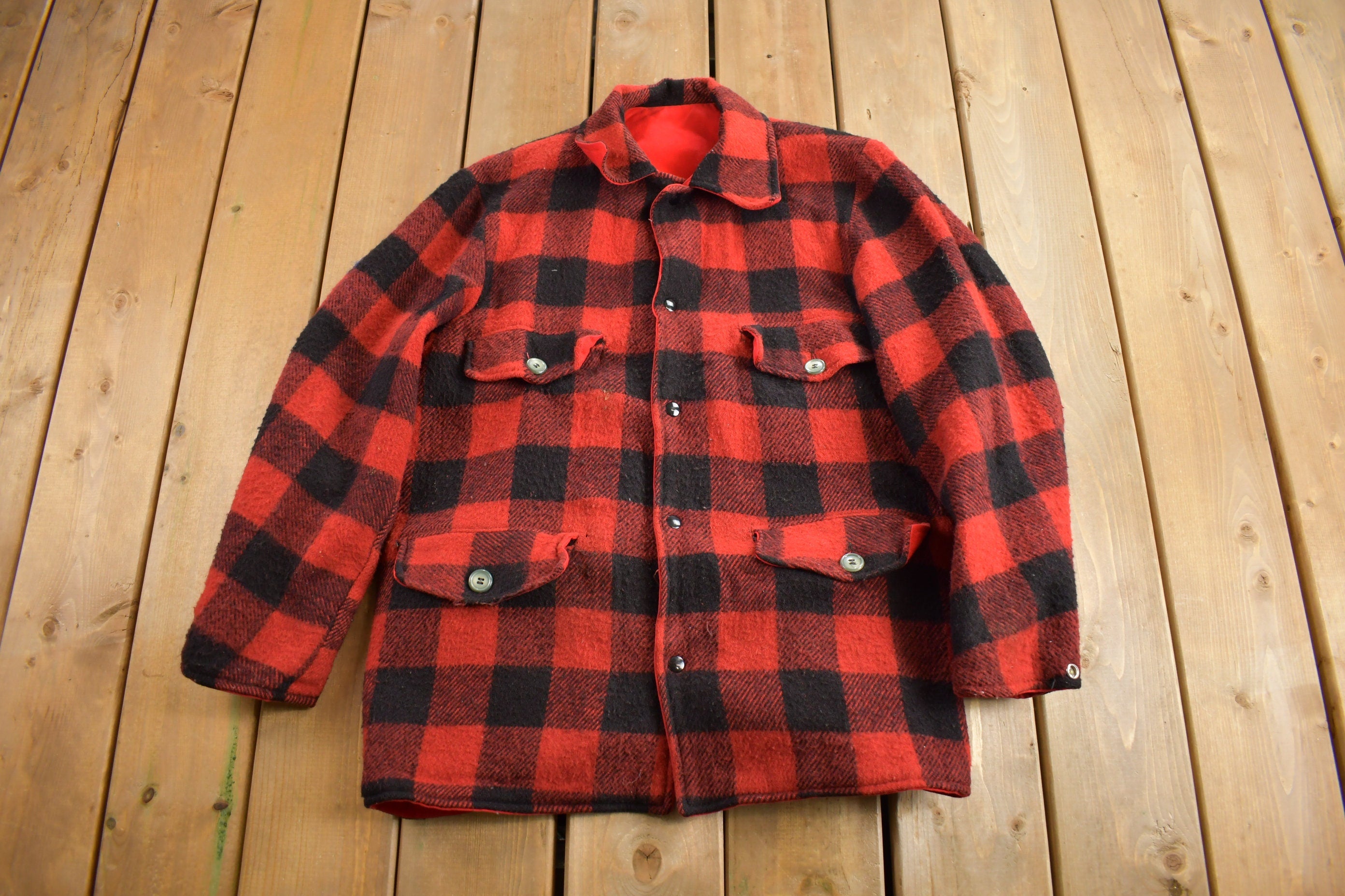 Vintage 1960s 100% Wool Reversible Buffalo Plaid Jacket