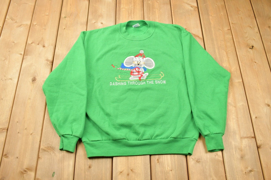 Vintage 1990s Cute Green Christmas Crewneck Sweater / 90s Crewneck / Grandma Sweater / Streetwear / Made In USA / Animal Theme