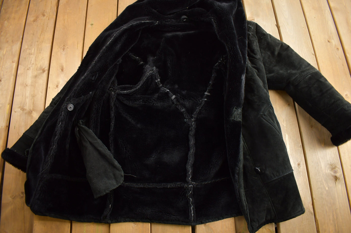 Vintage 1990s Black Suede Shearling Coat / Leather Shearling / Fur Lined / Heavy Weight / Hooded