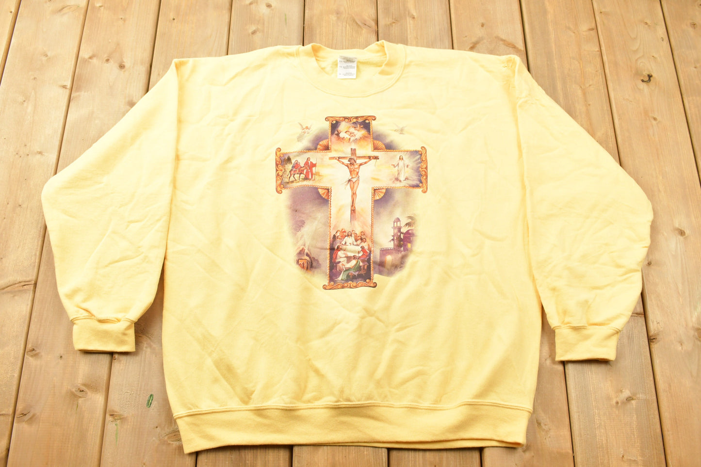 Vintage 1990s Jesus Cross Theme Crewneck Sweatshirt / 90s Crewneck / Souvenir / Festive / Streetwear / Rare Jesus Sweater / Last Supper