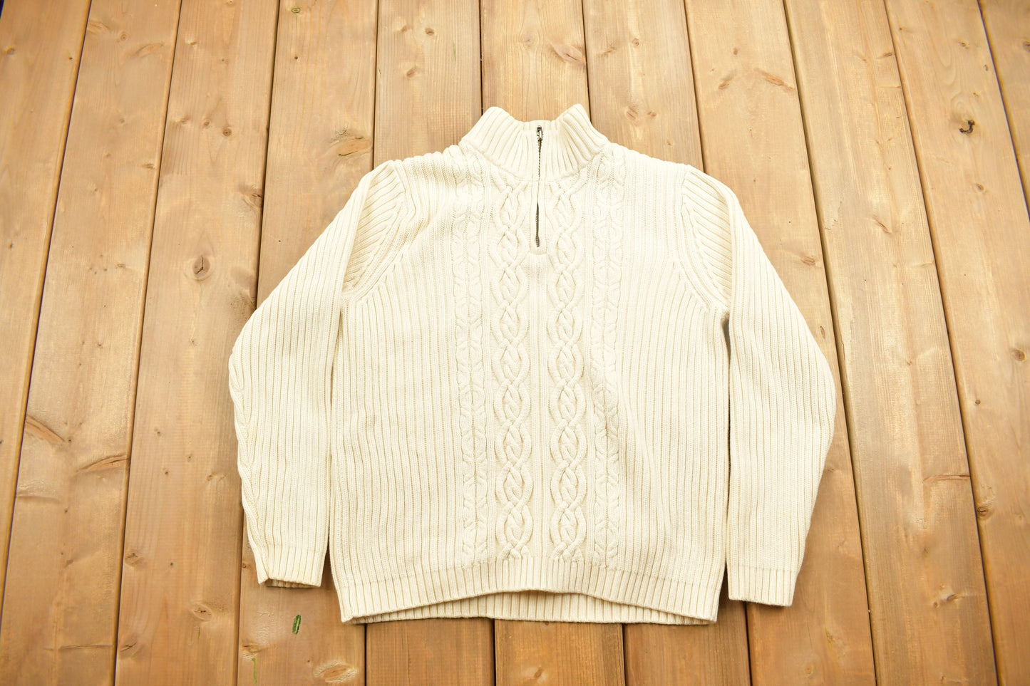 Vintage 1990s Lands End Cream 3D Cable Knit Sweater