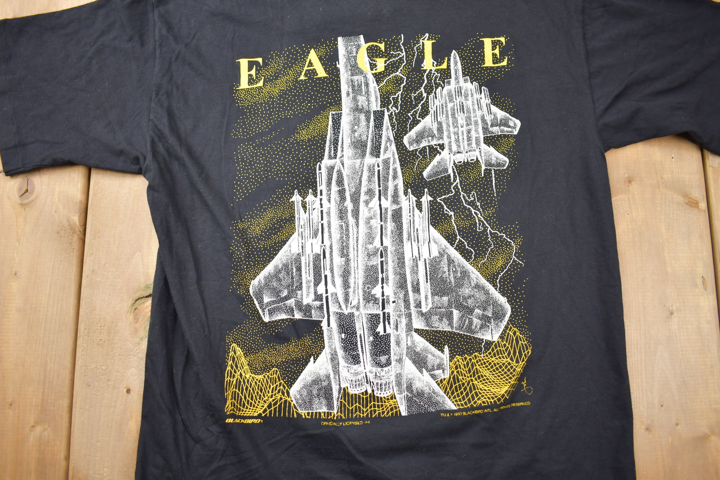 Vintage 1990 Blackbird Eagle Fighter Jet Graphic T-Shirt / Made In Canada / Single Stitch / Military Jet / Size L