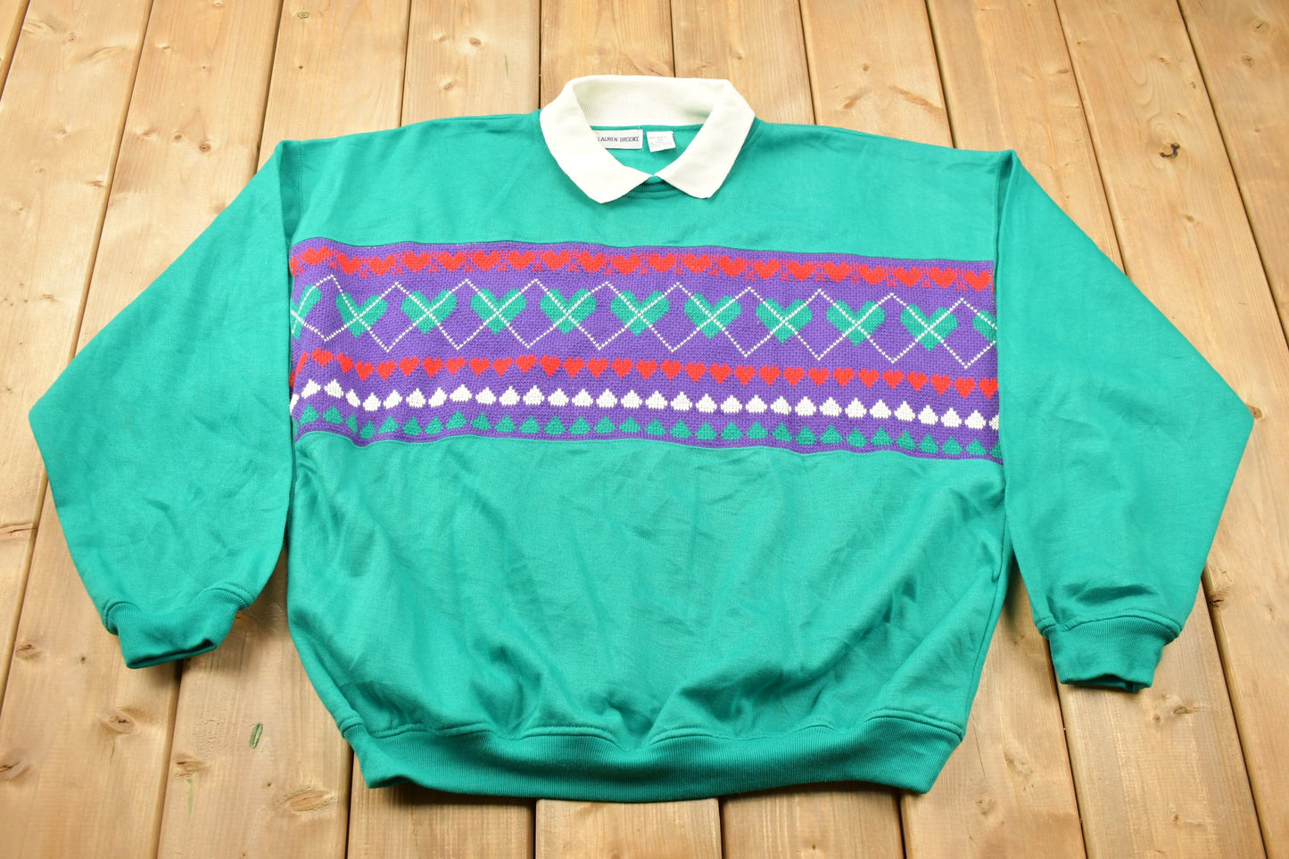 Vintage 1990s Lauren Brooke Heart Theme Collared Sweater / 90s Sweater / Grandma Sweater / Streetwear / Love Theme / Argyle Sweater