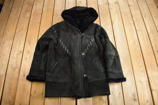 Vintage 1990s Black Suede Shearling Coat / Leather Shearling / Fur Lined / Heavy Weight / Hooded