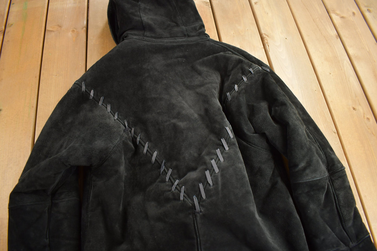 Vintage 1990s Black Suede Shearling Coat / Leather Shearling / Fur Lined / Heavy Weight / Hooded