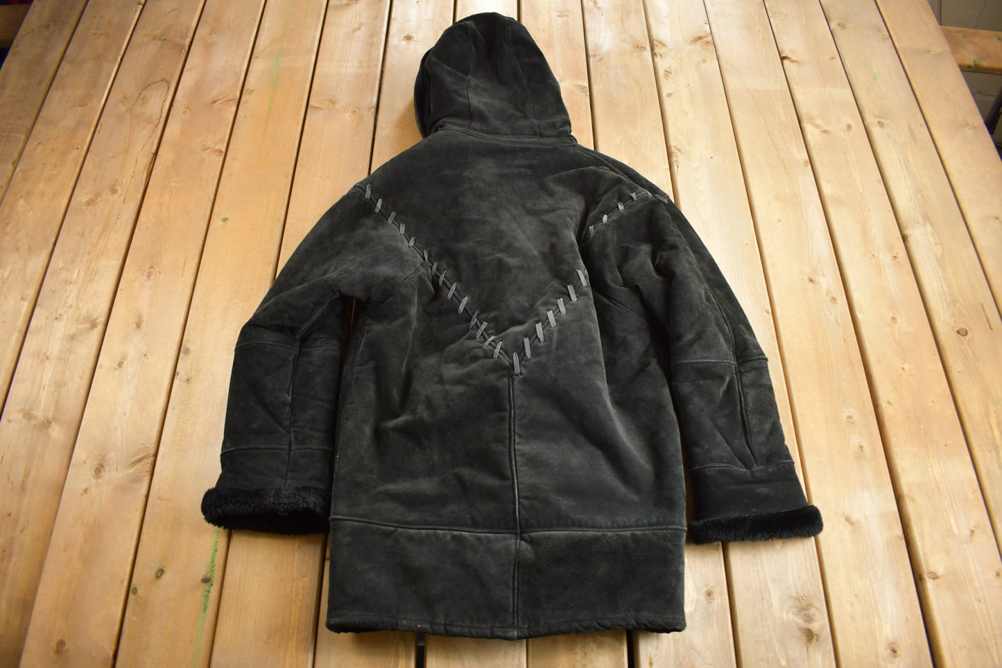 Vintage 1990s Black Suede Shearling Coat / Leather Shearling / Fur Lined / Heavy Weight / Hooded