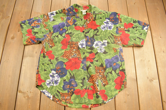 Vintage 1990s Souvenir Floral Print Leopard Button Up