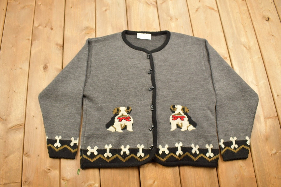 Vintage 1990s Annex Dog Theme Knitted Button Up Sweater