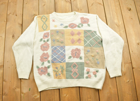 Vintage 1990s Floral Theme Knitted Crewneck Sweater