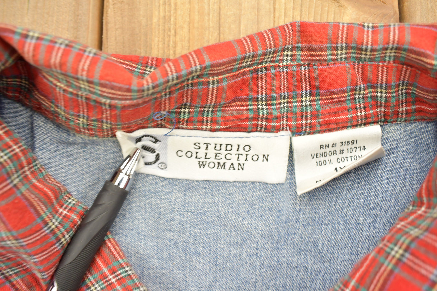 Vintage 1990s Studio Collection Plaid Collar Denim Button Up Shirt