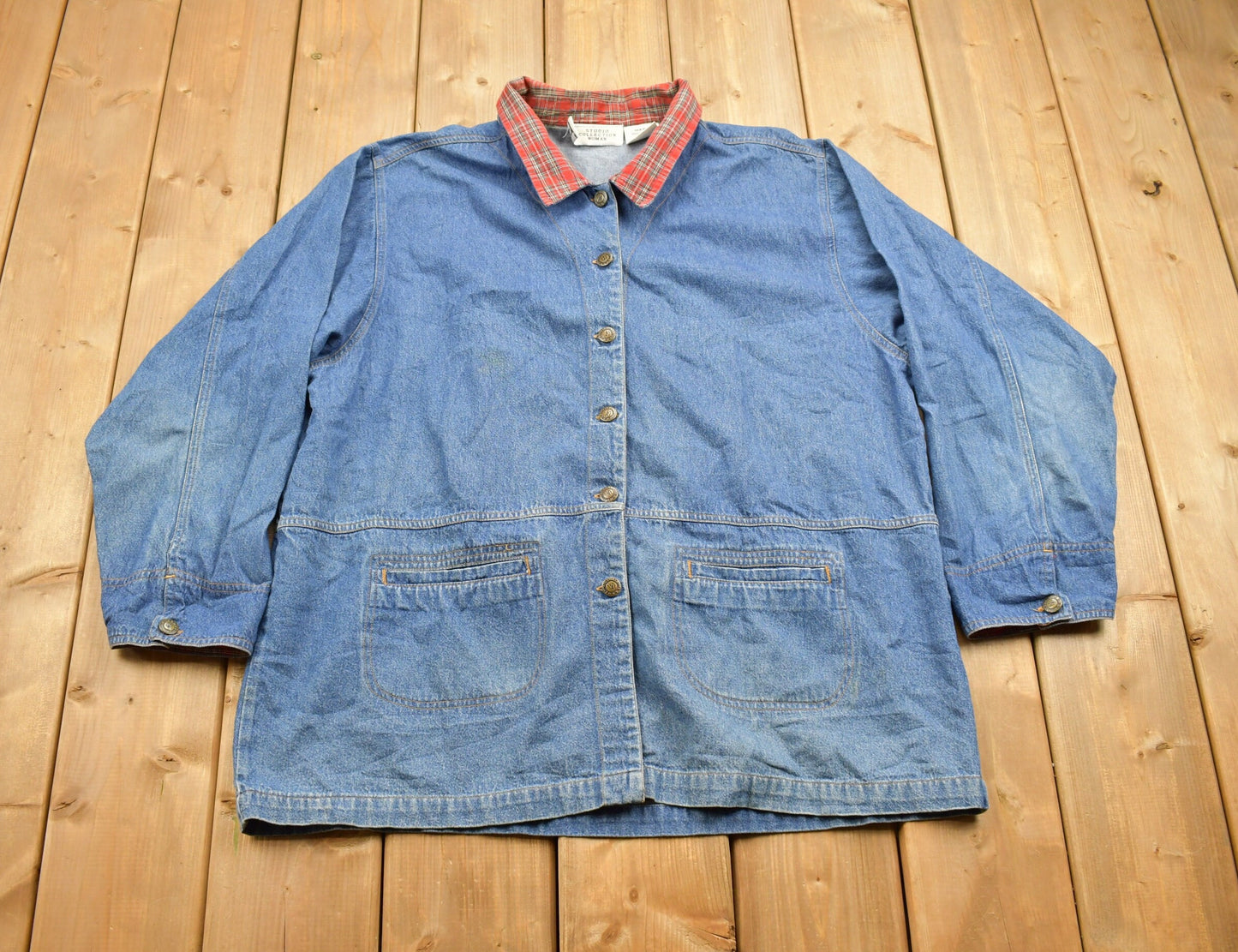 Vintage 1990s Studio Collection Plaid Collar Denim Button Up Shirt