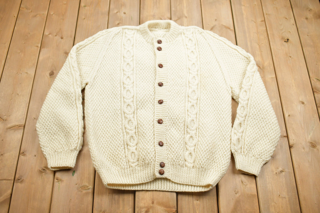 Vintage 1990s 3D Cable Knit Button Up Wool Sweater
