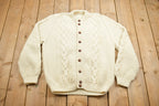 Vintage 1990s 3D Cable Knit Button Up Wool Sweater