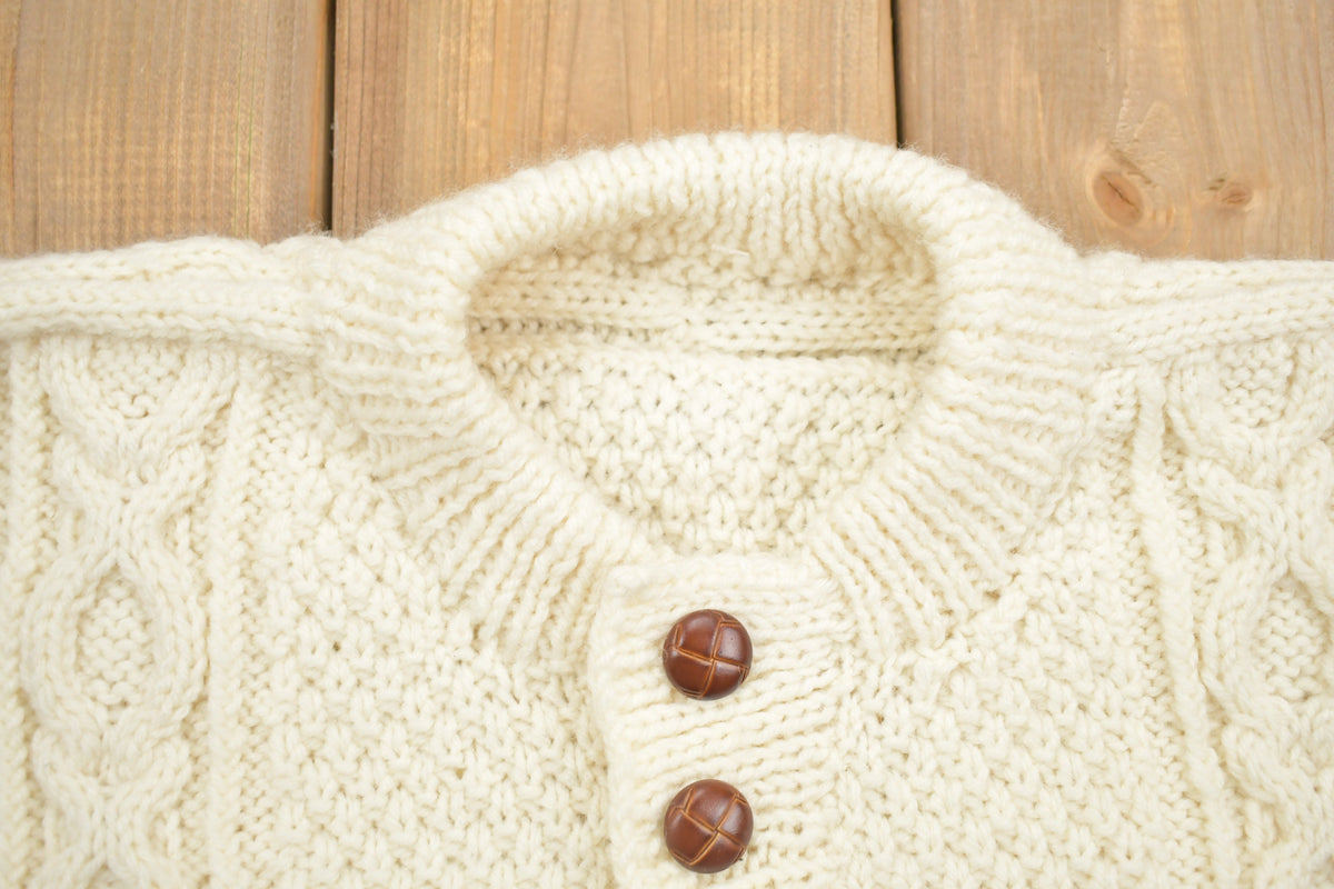 Vintage 1990s 3D Cable Knit Button Up Wool Sweater