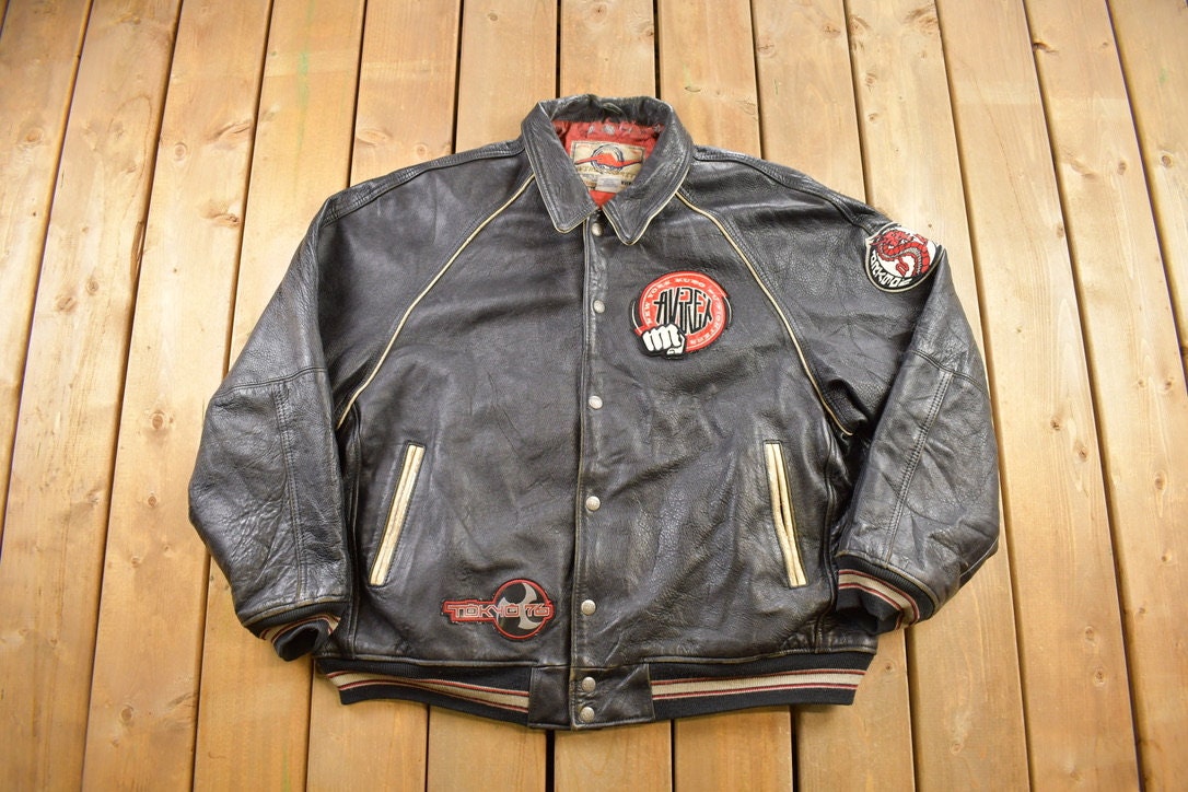 Vintage 1990s Avirex Dragon Eyes Leather Varsity Jacket
