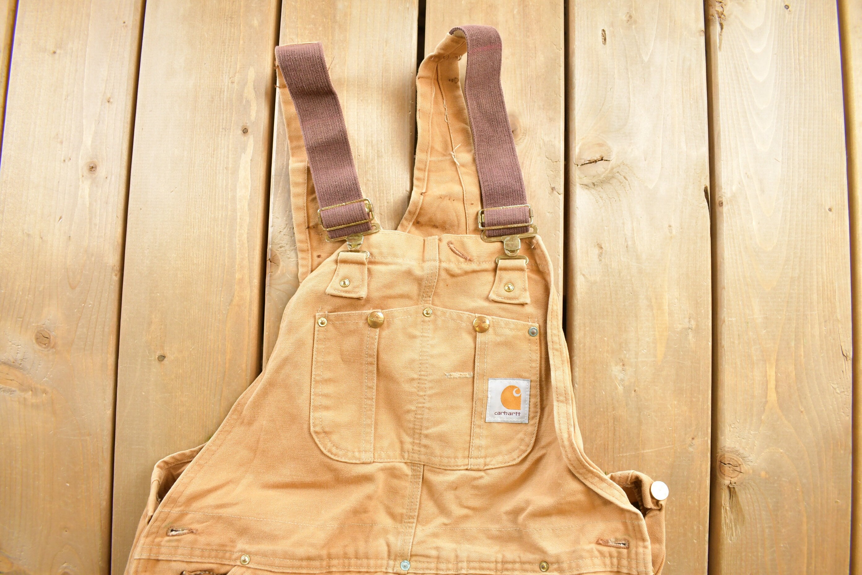 Vintage 1990s Beige Carhartt Double Knee Canvas Overalls Size 34x30